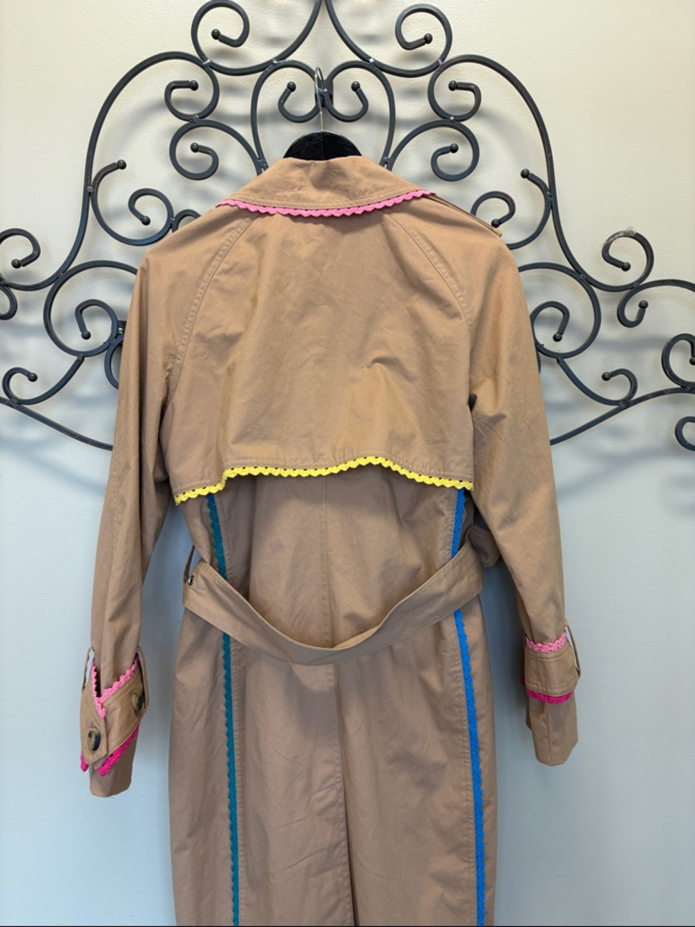 Beige Trench Coat with Pink Trim - Women's Classic Belted Coat - Picture 5 of 6